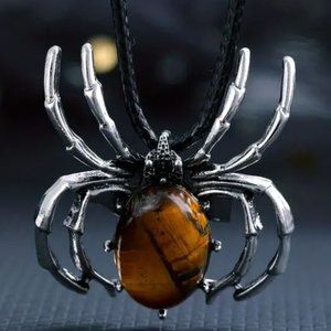 Tiger Eye Stone Spider Brooch Pendant Necklace Healing Gemstone Pendant